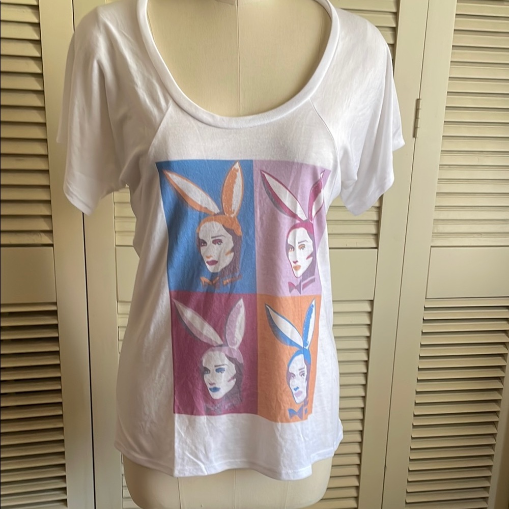 PalmerCash  vintage Print White Short Sleeve playboy bunny  Tee